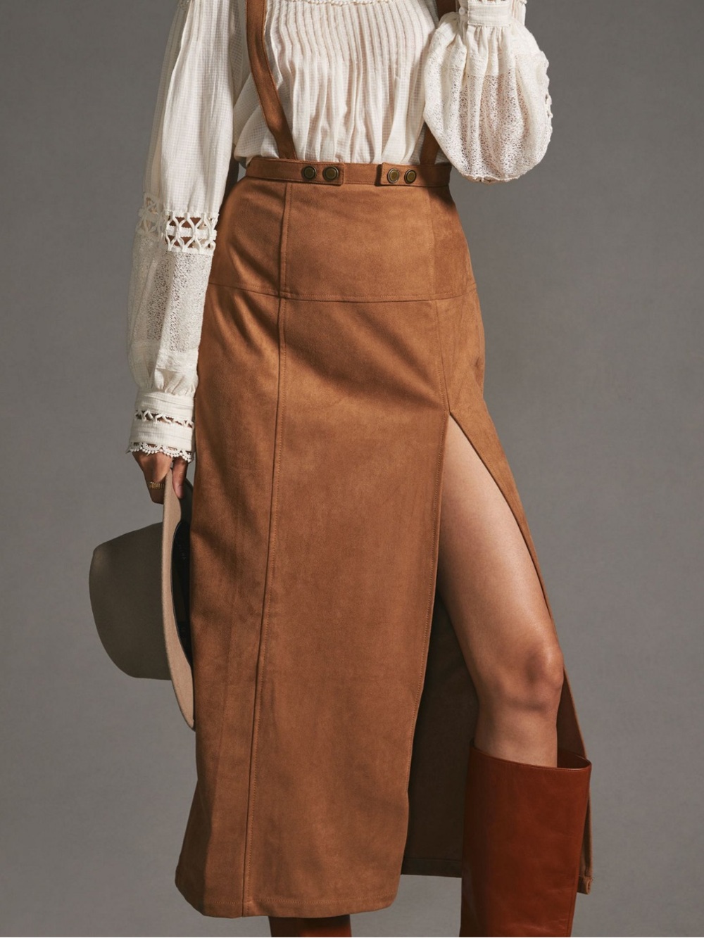 Anthropologie Brown Suede Midi Skirt with Suspenders